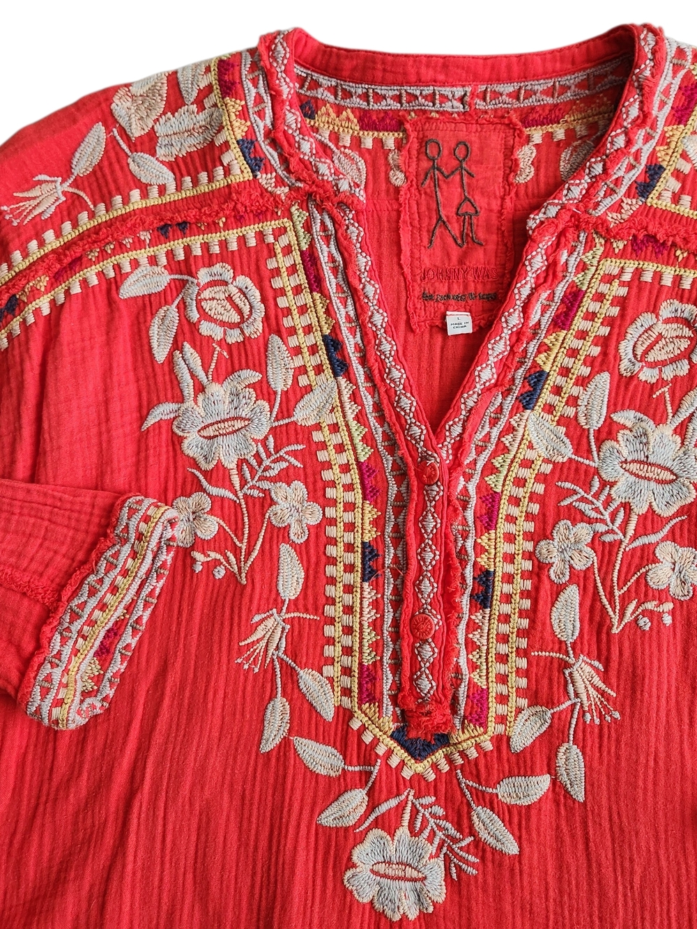 Johnny Was Floral Embroidered Blouse Tunic Top XL Orange Pockets Pete & Greta